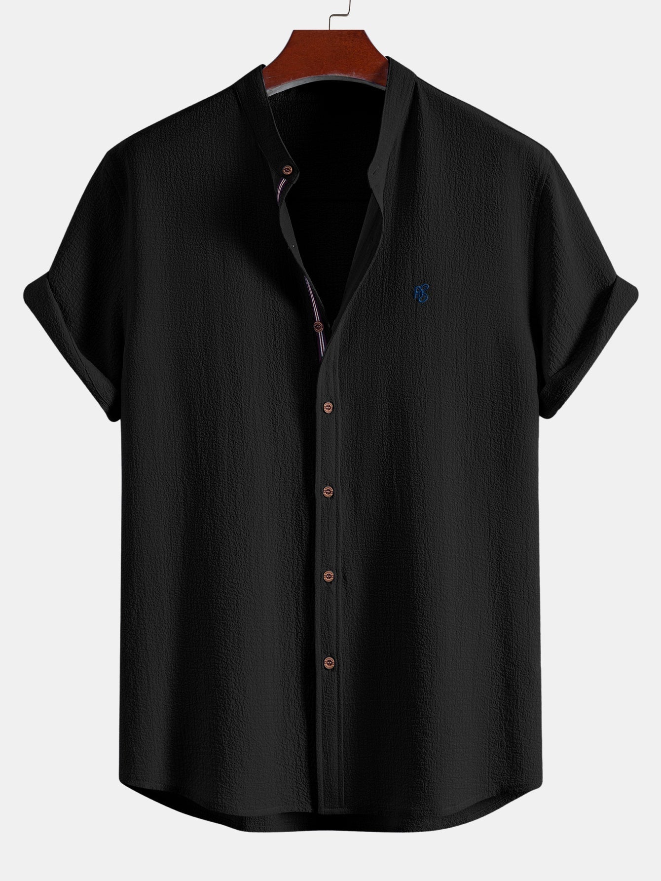 Short Sleeve Seersucker Stand Collar Shirt & Crinkle Textured Straight Leg Pants