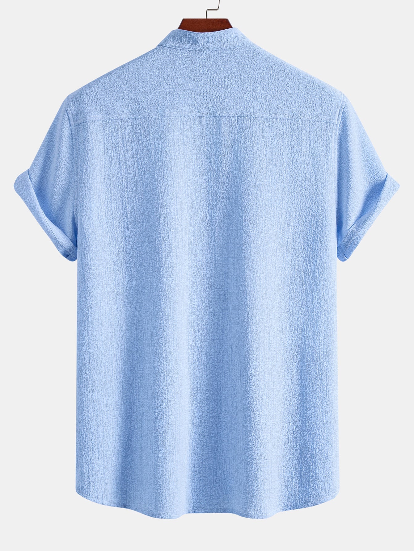 Short Sleeve Seersucker Stand Collar Shirt & Crinkle Textured Straight Leg Pants