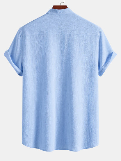 Short Sleeve Seersucker Stand Collar Shirt & Crinkle Textured Straight Leg Pants