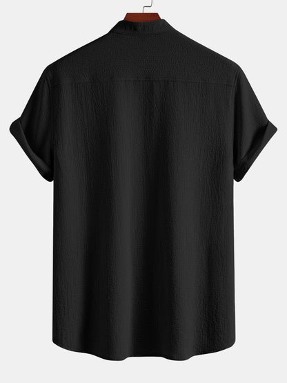Short Sleeve Seersucker Stand Collar Shirt & Crinkle Textured Straight Leg Pants