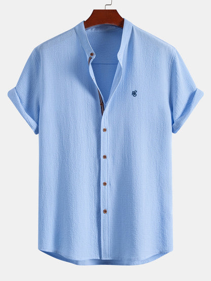 Short Sleeve Seersucker Stand Collar Shirt & Crinkle Textured Straight Leg Pants