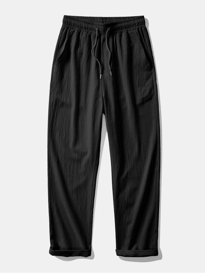 Short Sleeve Seersucker Stand Collar Shirt & Crinkle Textured Straight Leg Pants