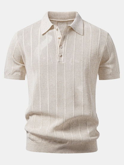 Linen Stripe Open Knit Polo & Straight Leg Linen Pants