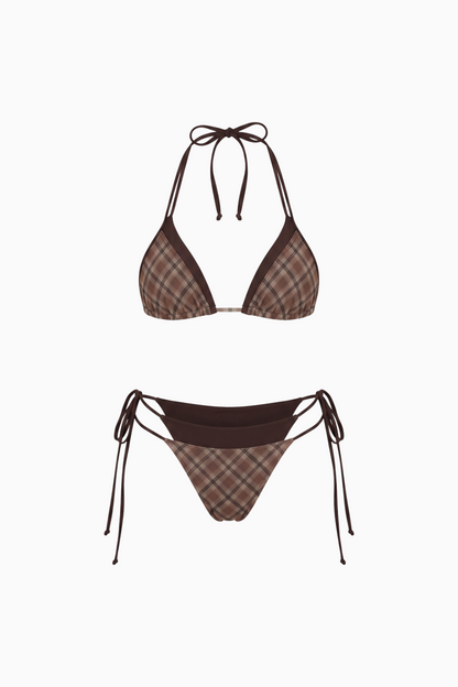 Retro Chic Brown Plaid Contrast-Trim Bikini