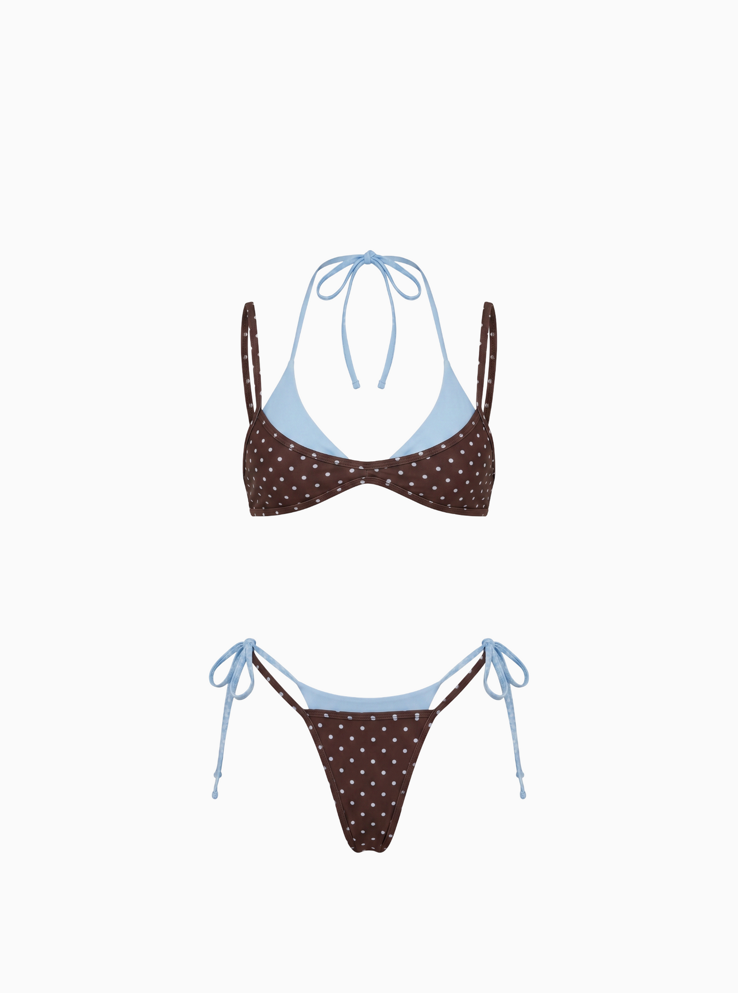 Polka Dot Contrast-Trim Bikini Set - Brown/Brown/Blue