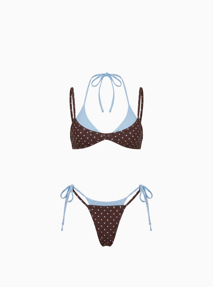 Polka Dot Contrast-Trim Bikini Set - Brown/Brown/Blue