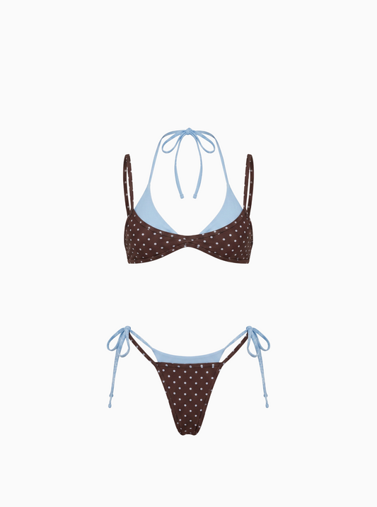 Polka Dot Contrast-Trim Bikini Set - Brown/Brown/Blue