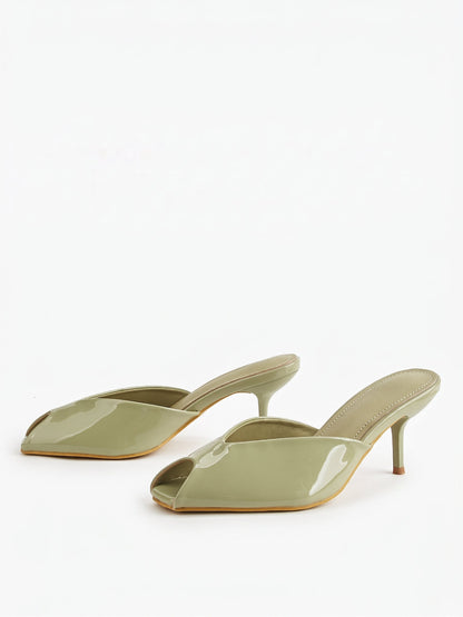 Green Patent Peep-Toe Kitten Heel Sandals
