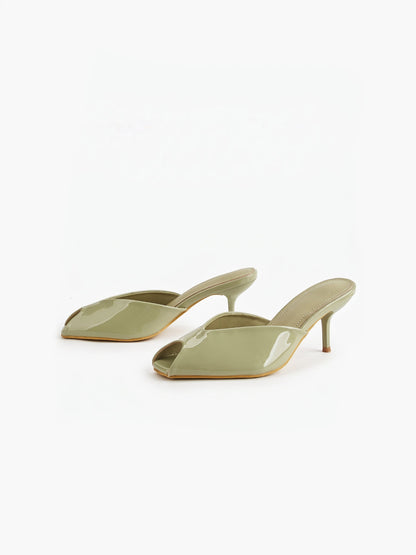 Green Patent Peep-Toe Kitten Heel Sandals