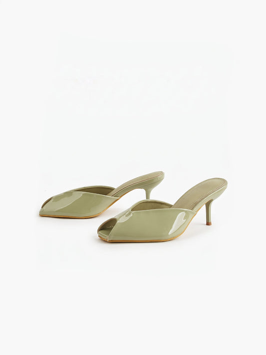 Green Patent Peep-Toe Kitten Heel Sandals