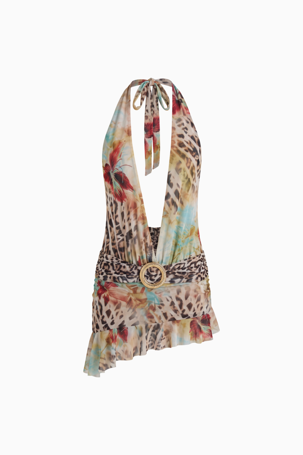Exotic Mixed Leopard-Floral Print Plunge Halter Mini Dress