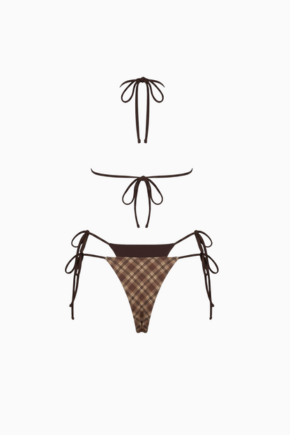 Retro Chic Brown Plaid Contrast-Trim Bikini
