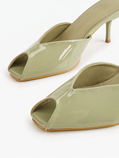 Green Patent Peep-Toe Kitten Heel Sandals