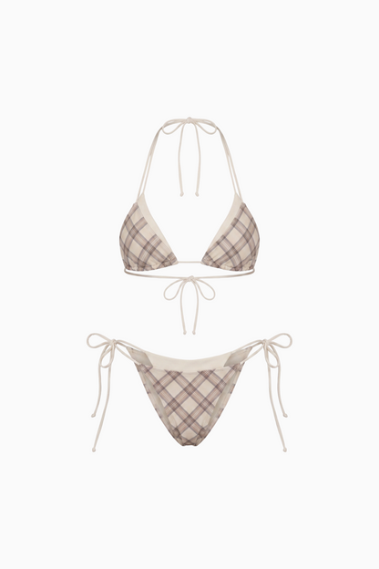 Retro Chic Brown Plaid Contrast-Trim Bikini