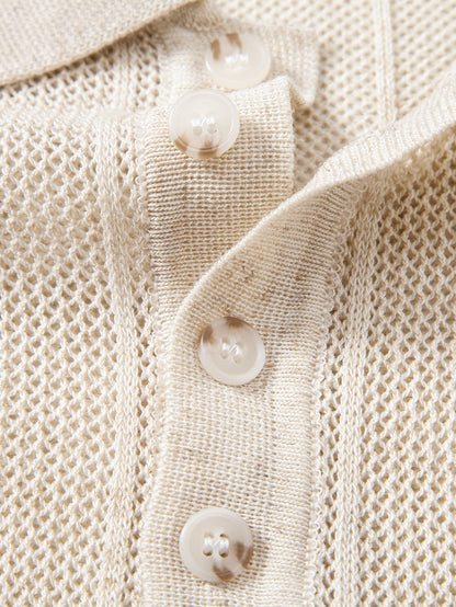 Linen Stripe Open Knit Polo & Straight Leg Linen Pants