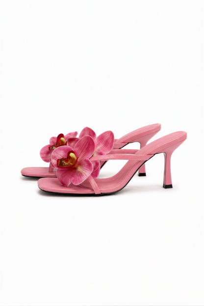 Pink Orchid Square-Toe Kitten Heel Sandals