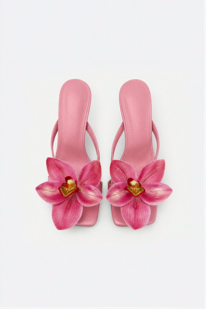 Pink Orchid Square-Toe Kitten Heel Sandals