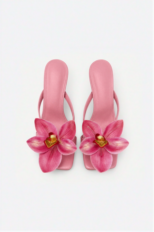 Pink Orchid Square-Toe Kitten Heel Sandals