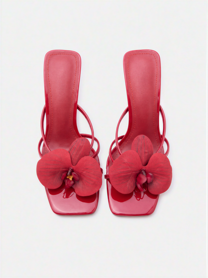Red Patent Orchid Embellished Stiletto Sandals
