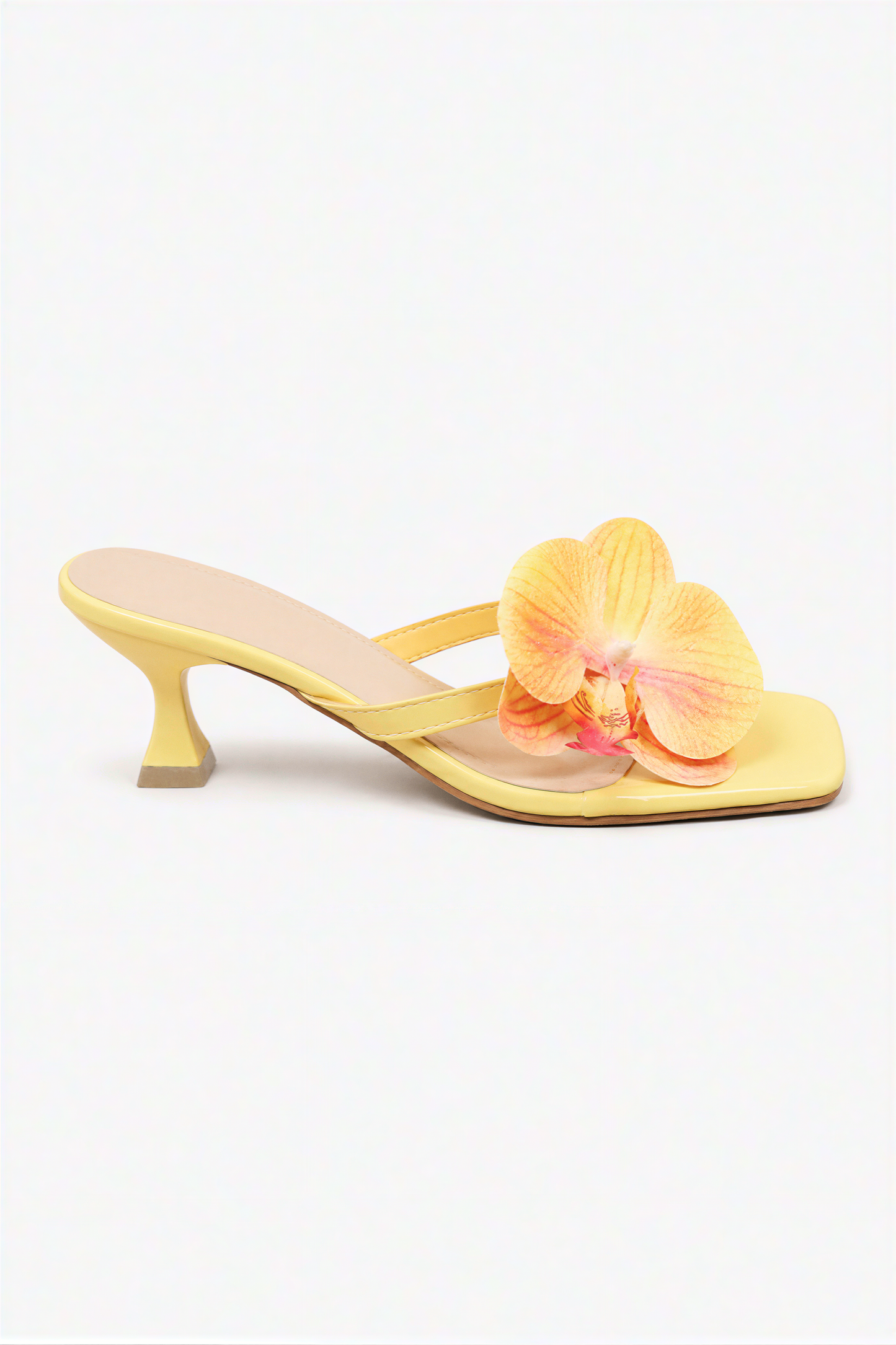 Lemon Yellow Orchid Embellished Kitten Heel Sandals