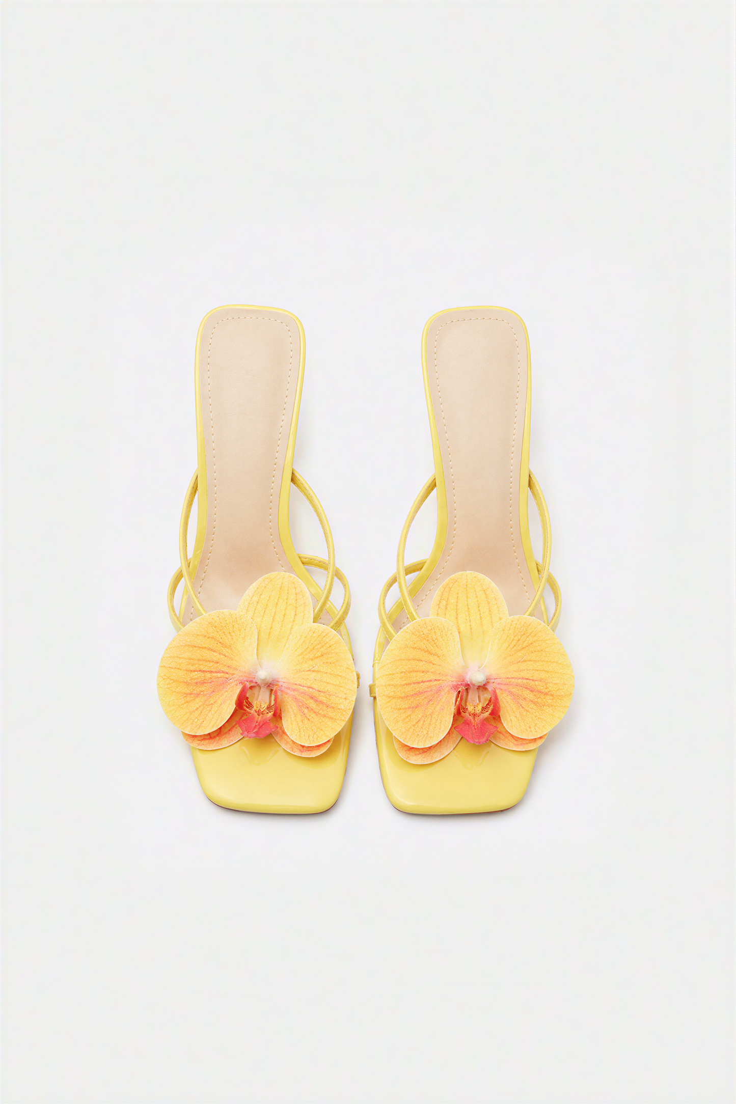 Lemon Yellow Orchid Embellished Kitten Heel Sandals