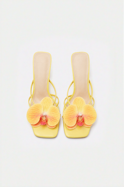 Lemon Yellow Orchid Embellished Kitten Heel Sandals