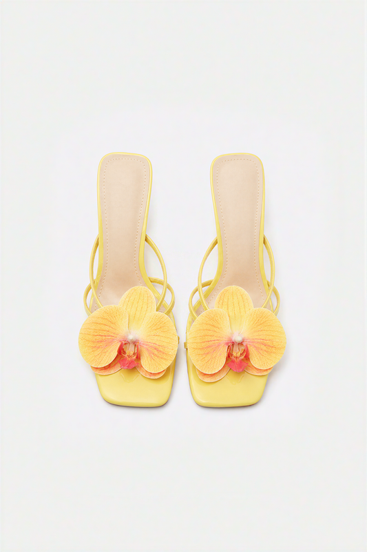 Lemon Yellow Orchid Embellished Kitten Heel Sandals