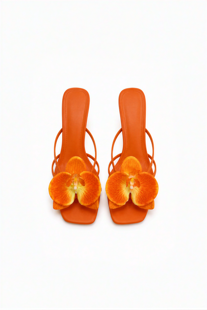 Vibrant Orange Orchid Strappy Heeled Sandals