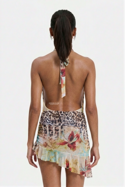 Exotic Mixed Leopard-Floral Print Plunge Halter Mini Dress