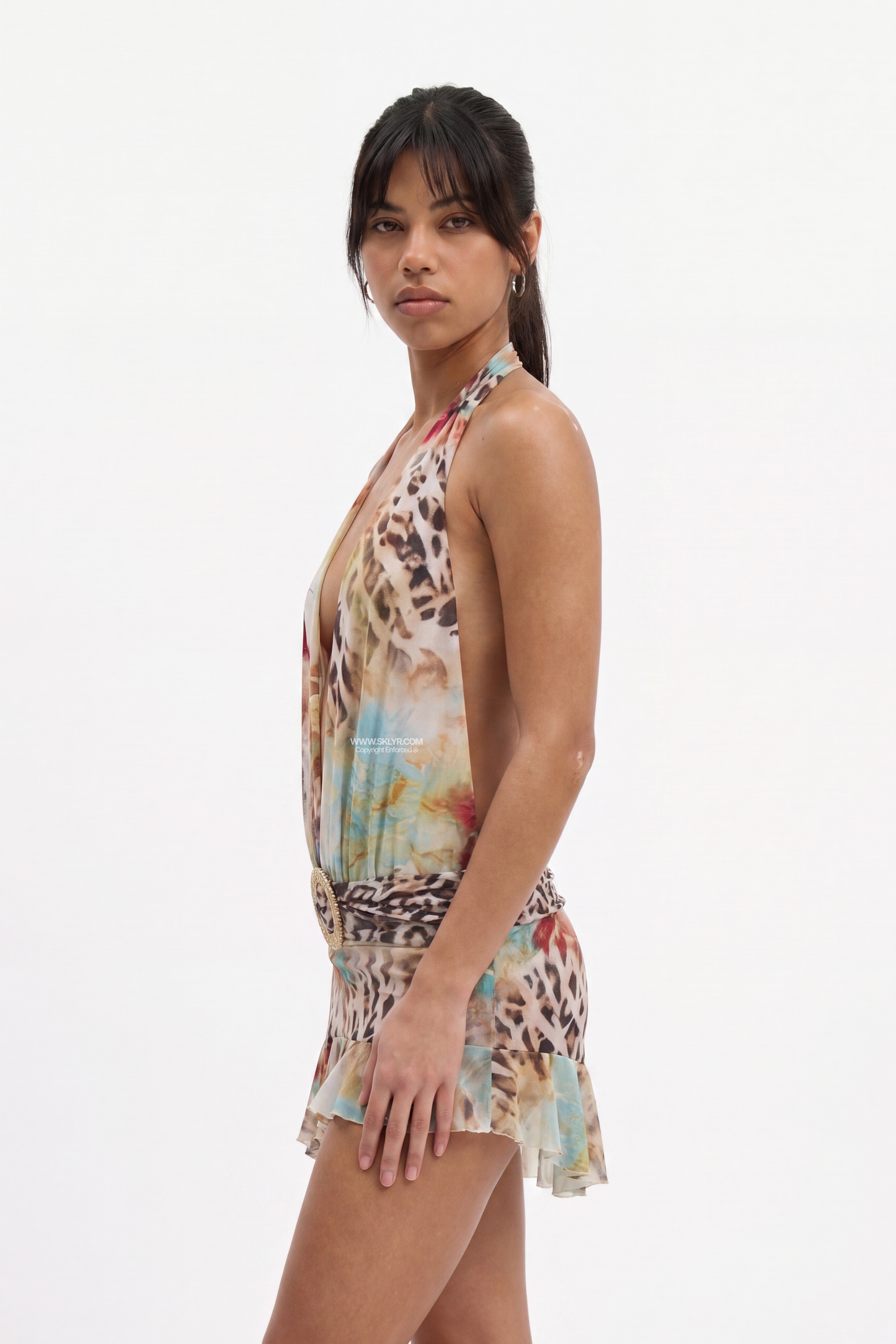 Exotic Mixed Leopard-Floral Print Plunge Halter Mini Dress