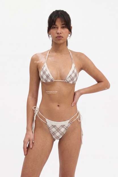 Retro Chic Brown Plaid Contrast-Trim Bikini