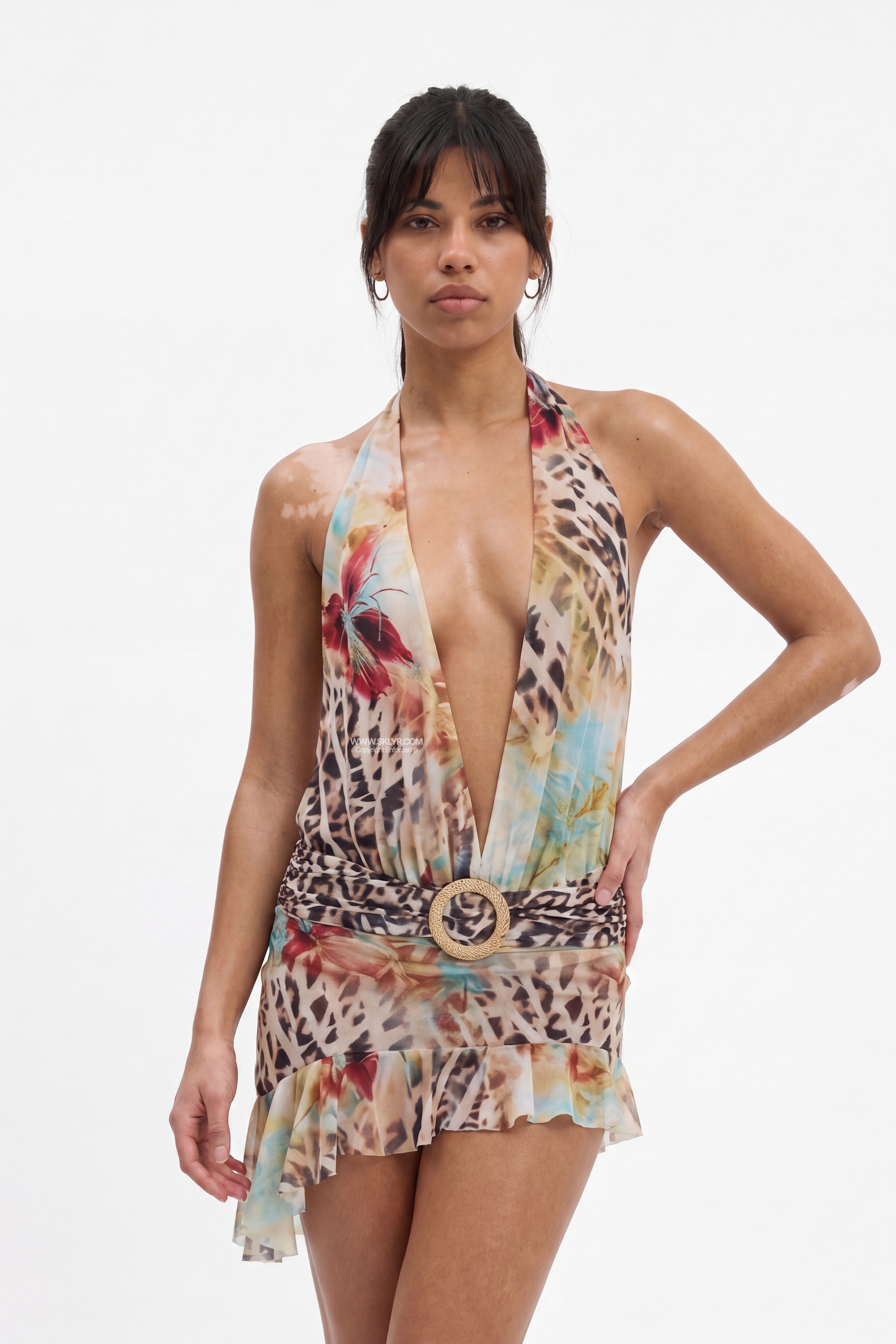 Exotic Mixed Leopard-Floral Print Plunge Halter Mini Dress