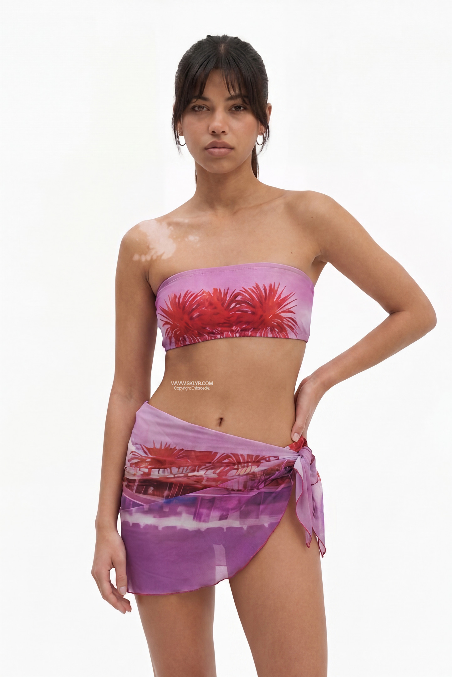 Pink Palm Print Tube Top and Tie-Side Pareo Skirt